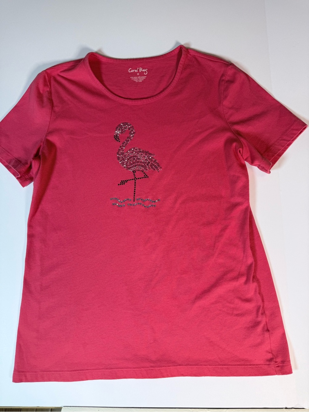 Coral Bay Pink Rhinestone Flamingo Short Sleeve T-Shirt Size Medium